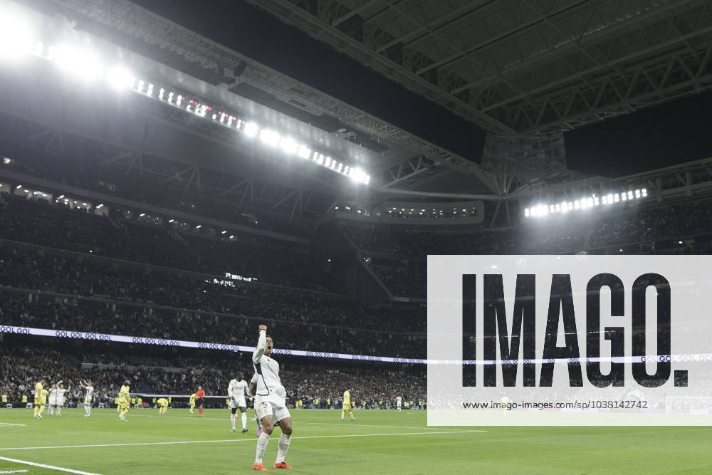 LA LIGA EA Sports - Real Madrid vs Villarreal Jude Bellingham of Real Madrid is celebrating a goal during the La Liga 2023 24 match between Real Madrid and Villarreal at Santiago Bernabeu Stadium in Madrid, Spain, on December 17, 2023. Madrid Spain