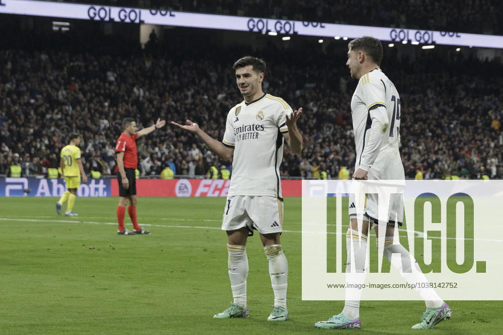 LA LIGA EA Sports - Real Madrid vs Villarreal Brahim Diaz of Real Madrid is celebrating a goal during the La Liga 2023 24 match between Real Madrid and Villarreal at Santiago Bernabeu Stadium in Madrid, Spain, on December 17, 2023. Madrid Spain