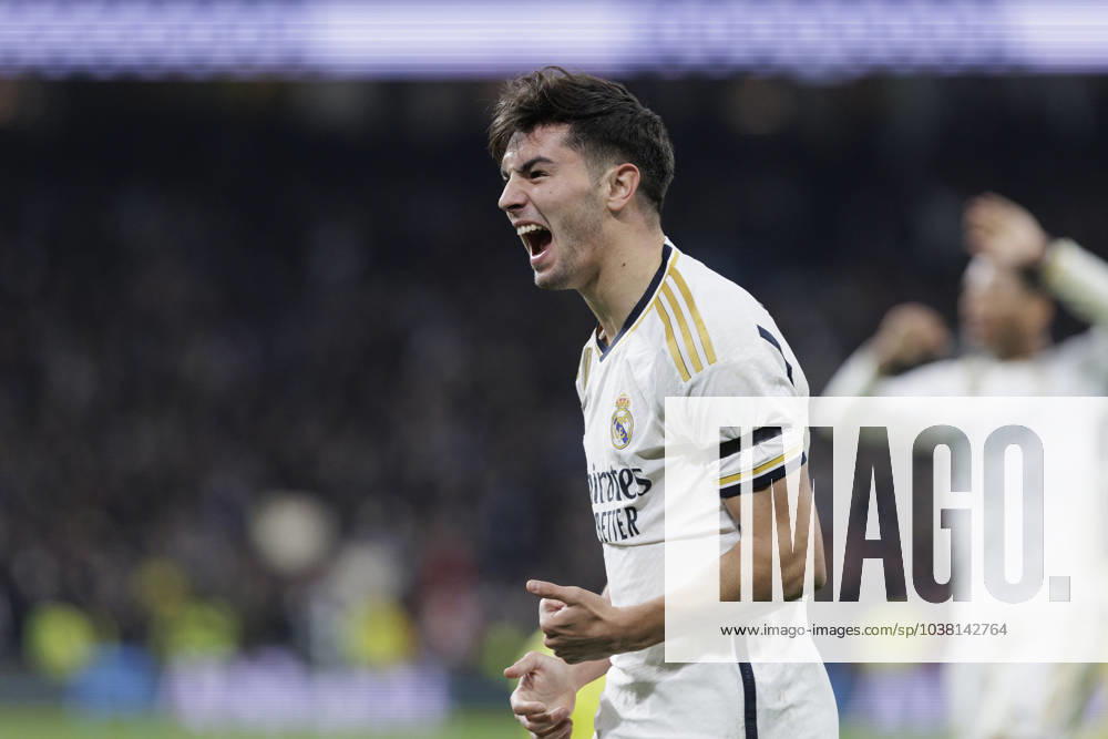 LA LIGA EA Sports - Real Madrid vs Villarreal Brahim Diaz of Real Madrid is celebrating a goal during the La Liga 2023 24 match between Real Madrid and Villarreal at Santiago Bernabeu Stadium in Madrid, Spain, on December 17, 2023. Madrid Spain