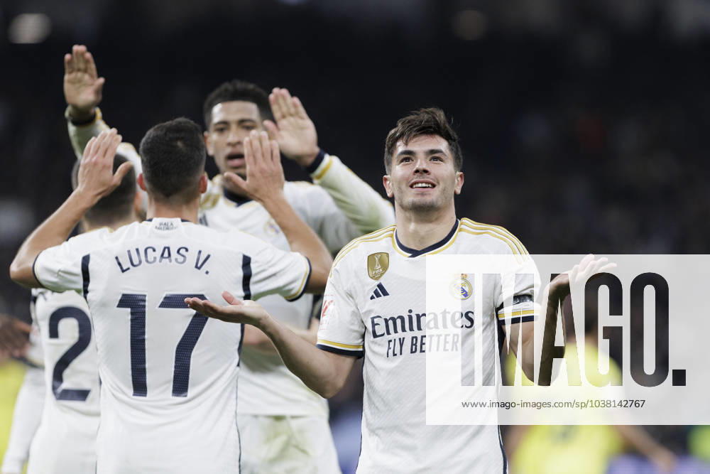 LA LIGA EA Sports - Real Madrid vs Villarreal Brahim Diaz of Real Madrid is celebrating a goal during the La Liga 2023 24 match between Real Madrid and Villarreal at Santiago Bernabeu Stadium in Madrid, Spain, on December 17, 2023. Madrid Spain