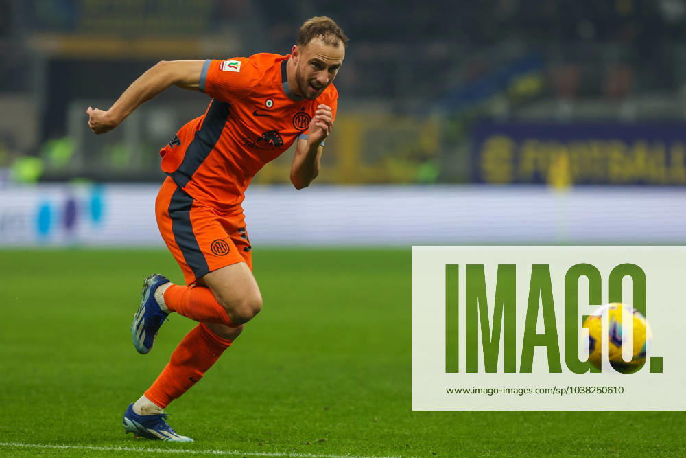 Carlos Augusto of FC Internazionale seen in action during Coppa Italia 2023 24 Round of 16 football match between FC Internazionale and Bologna FC at Giuseppe Meazza Stadium, Milan, Italy on December 20, 2023