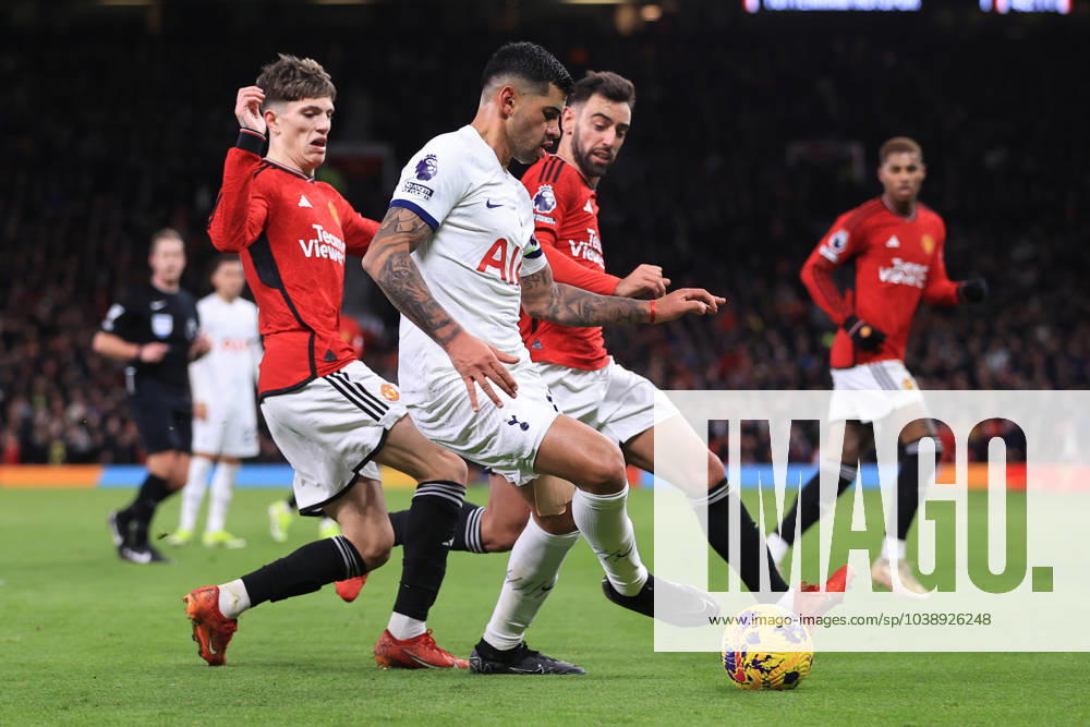 Manchester United, ManU v Tottenham Hotspur 14 January 2024 - Premier League - Manchester United v Tottenham Hotspur - Alejandro Garnacho of Manchester United, Cristian Romero of Tottenham Hotspur and Bruno Fernandes of Manchester United - Photo: Simon Stacpoole Offside. Manchester UK