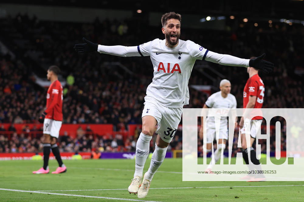 Manchester United, ManU v Tottenham Hotspur 14 January 2024 - Premier League - Manchester United v Tottenham Hotspur - Rodrigo Bentancur of Tottenham Hotspur celebrates after scoring the second equalising goal for his team (2-2 - Photo: Simon Stacpoole Offside. Manchester UK