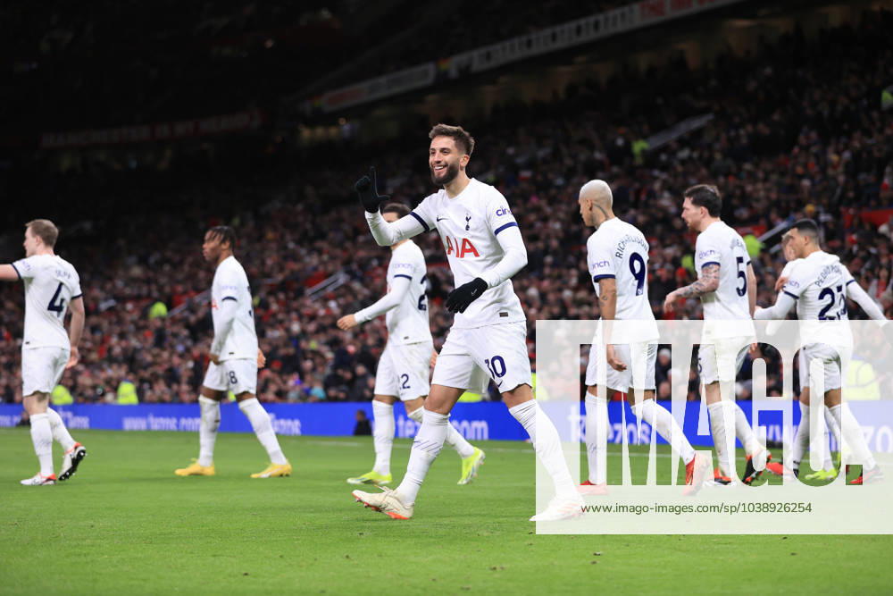 Manchester United, ManU v Tottenham Hotspur 14 January 2024 - Premier League - Manchester United v Tottenham Hotspur - Rodrigo Bentancur of Tottenham Hotspur celebrates after scoring the second equalising goal for his team (2-2) - Photo: Simon Stacpoole Offside. Manchester UK
