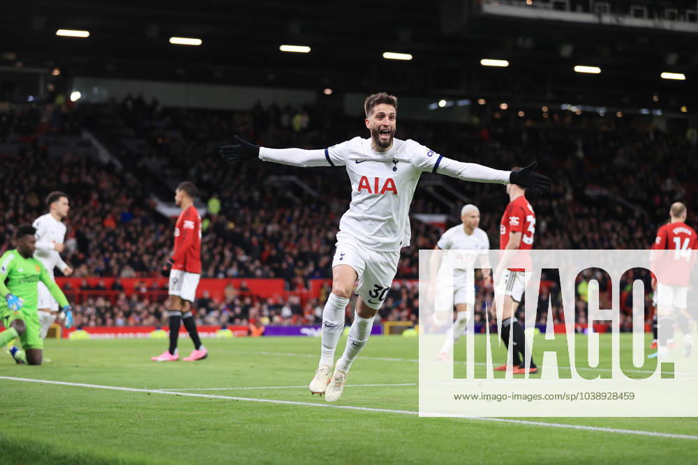 Manchester United, ManU v Tottenham Hotspur 14 January 2024 - Premier League - Manchester United v Tottenham Hotspur - Rodrigo Bentancur of Tottenham Hotspur celebrates after scoring an equalising goal to make the score 2-2 - Photo: Simon Stacpoole Offside. Manchester UK