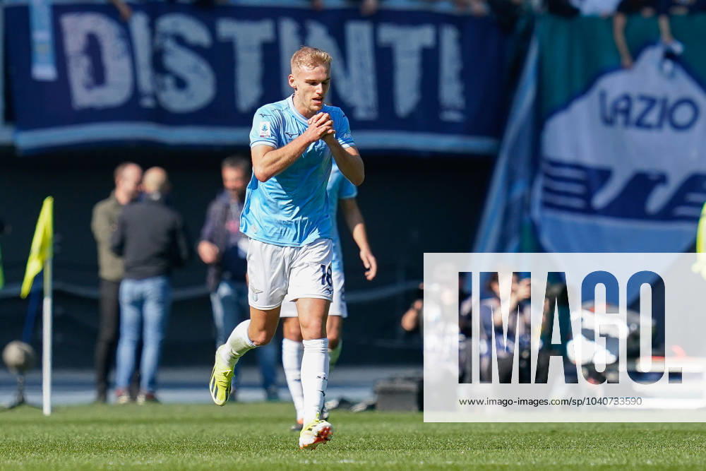 Gustav Isaksen of SS Lazio celebrates after scoring first goal during the Serie A match between SS Lazio and Bologna FC at Stadio Olimpico Rome Italy on 18 February 2024. Rome Stadio Olimpico Rome Italy