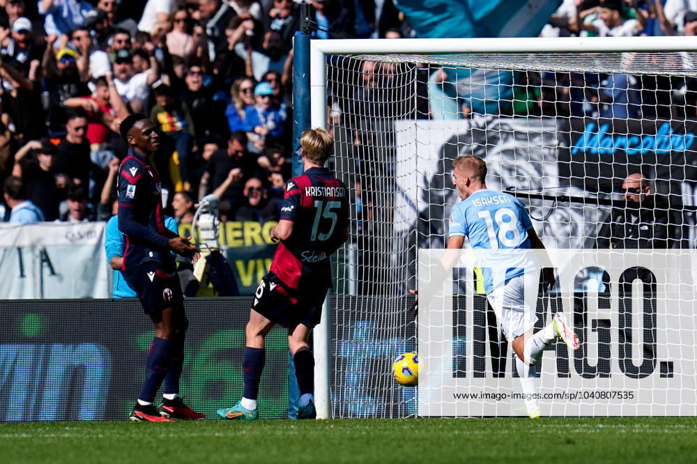 Gustav Isaksen of SS Lazio celebrates after scoring first goal during the Serie A match between SS Lazio and Bologna FC at Stadio Olimpico Rome Italy on 18 February 2024. Rome Stadio Olimpico Rome Italy