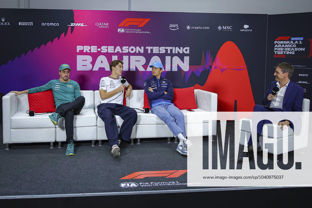 ALONSO Fernando (spa), Aston Martin F1 Team AMR24, RUSSELL George (gbr), Mercedes AMG F1 Team W15, ALBON Alexander (tha), Williams Racing FW46, portrait, press conference, PK, Pressekonferenz during the Formula 1 Aramco pre-season testing 2024 of the 2024 FIA Formula One World Championship, WM, Weltmeisterschaft from February 21 to 23, 2024 on the Bahrain International Circuit, in Sakhir, Bahrain - Photo Eric Alonso DPPI F1 Pre-season Testing in Bahrain at Bahrain International Circuit on February 22, 2024 in Sakhir, Bahrain. (Photo by HOCH ZWEI) Sakhir Sakhir Bahrain Bahrain