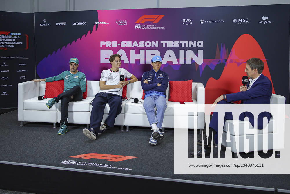 ALONSO Fernando (spa), Aston Martin F1 Team AMR24, RUSSELL George (gbr), Mercedes AMG F1 Team W15, ALBON Alexander (tha), Williams Racing FW46, portrait, press conference, PK, Pressekonferenz during the Formula 1 Aramco pre-season testing 2024 of the 2024 FIA Formula One World Championship, WM, Weltmeisterschaft from February 21 to 23, 2024 on the Bahrain International Circuit, in Sakhir, Bahrain - Photo Eric Alonso DPPI F1 Pre-season Testing in Bahrain at Bahrain International Circuit on February 22, 2024 in Sakhir, Bahrain. (Photo by HOCH ZWEI) Sakhir Sakhir Bahrain Bahrain