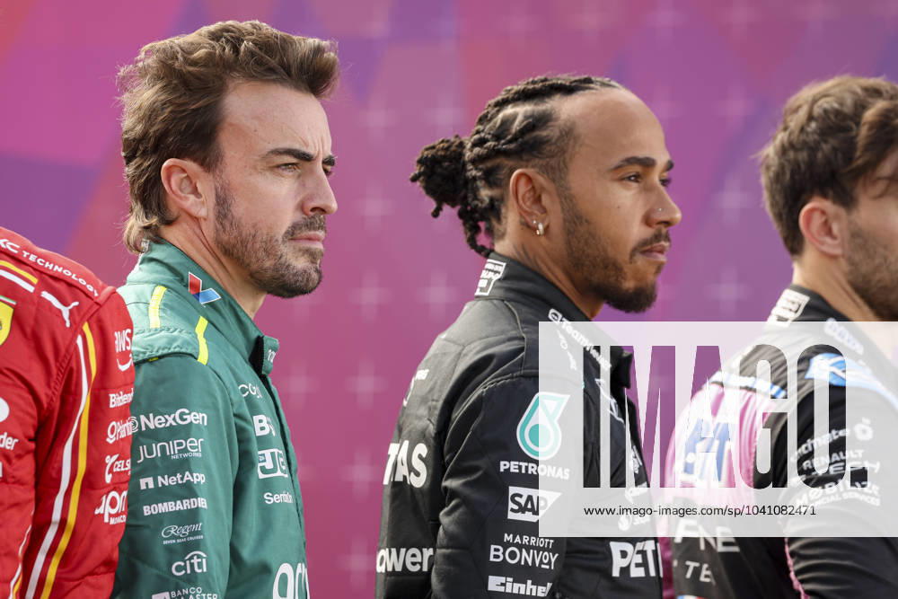ALONSO Fernando (spa), Aston Martin F1 Team AMR24 and HAMILTON Lewis (gbr), Mercedes AMG F1 Team W15, portrait during the Formula 1 Aramco pre-season testing 2024 of the 2024 FIA Formula One World Championship, WM, Weltmeisterschaft from February 21 to 23, 2024 on the Bahrain International Circuit, in Sakhir, Bahrain - Photo Florent Gooden DPPI F1 Pre-season Testing in Bahrain at Bahrain International Circuit on February 22, 2024 in Sakhir, Bahrain. (Photo by HOCH ZWEI) Sakhir Sakhir Bahrain Bahrain