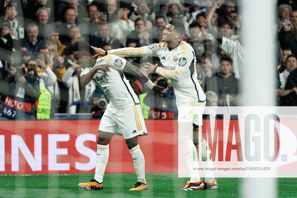 Real Madrid CF v RB Leipzig - Champions League MADRID, SPAIN, MARCH 6: Vinicius Junior of Real Madrid CF celebrating his goal with Jude Bellingham of Real Madrid CF during the 2st leg Champions League round of 16 match between Real Madrid CF and RB Leipzig at Estadio Santiago Bernabeu on March 06, 2024 in Madrid, Spain. Madrid Santiago Bernabeu Madrid Spain