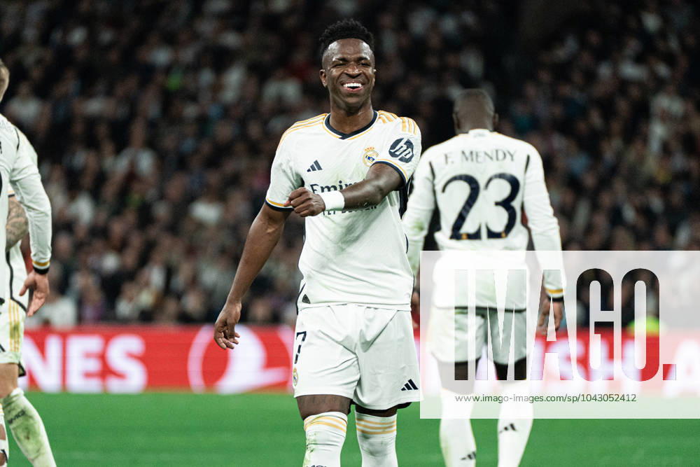 Real Madrid CF v RB Leipzig - Champions League MADRID, SPAIN, MARCH 6: Vinicius Jr of Real Madrid CF smiles during the 2st leg Champions League round of 16 match between Real Madrid CF and RB Leipzig at Estadio Santiago Bernabeu on March 06, 2024 in Madrid, Spain. Madrid Santiago Bernabeu Madrid Spain