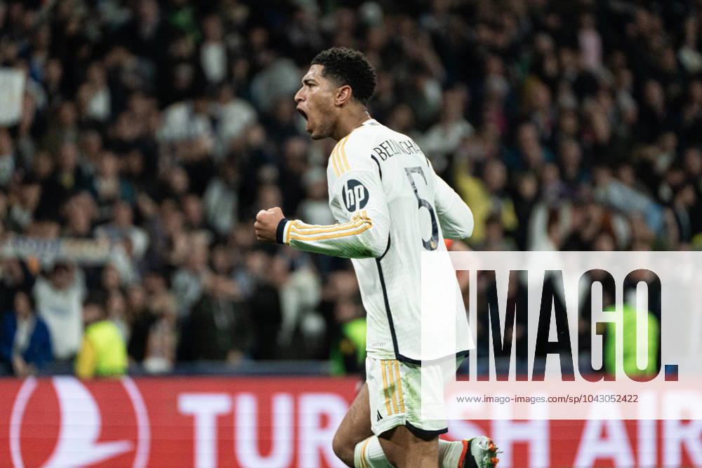 Real Madrid CF v RB Leipzig - Champions League MADRID, SPAIN, MARCH 6: Jude Bellingham of Real Madrid CF celebrating his assist during the 2st leg Champions League round of 16 match between Real Madrid CF and RB Leipzig at Estadio Santiago Bernabeu on March 06, 2024 in Madrid, Spain. Madrid Santiago Bernabeu Madrid Spain