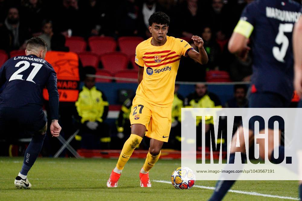 Lamine Yamal of Barcelona Paris Saint-Germain v Barcelona, UEFA Champions League, Quarter Final, First Leg, Football, Parc des Princes, Paris, France - 10 Apr 2024