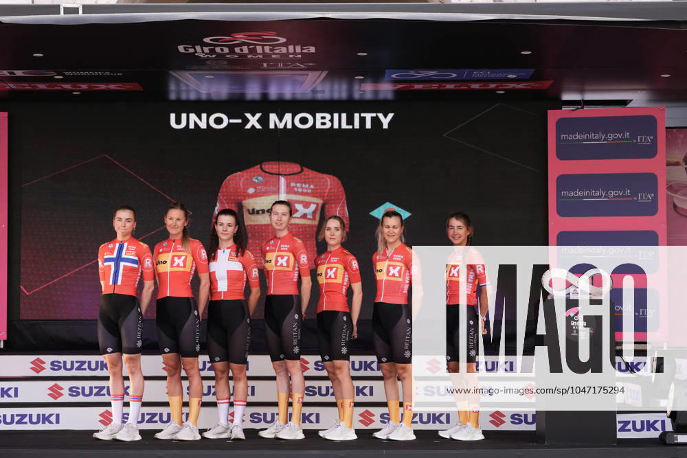 Uno-X-Mobility team during the team presentation ahead of the Giro dItalia Women cycling race in Brescia. The race starts on Sunday, July 7, with the first stage Tudor ITT over 15,7km, from Brescia to Brescia , North west Italy - Saturday, July 6, 2024. - cycling .