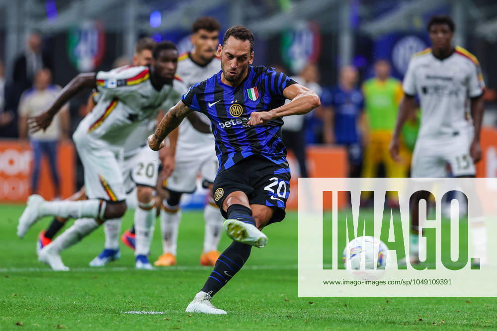 Hakan Calhanoglu of FC Internazionale scores a penalty during Serie A 2024 25 football match between FC Internazionale and US Lecce at Giuseppe Meazza Stadium, Milan, Italy on August 24, 2024 - Milan Stadio Giuseppe Meazza Milan Italy