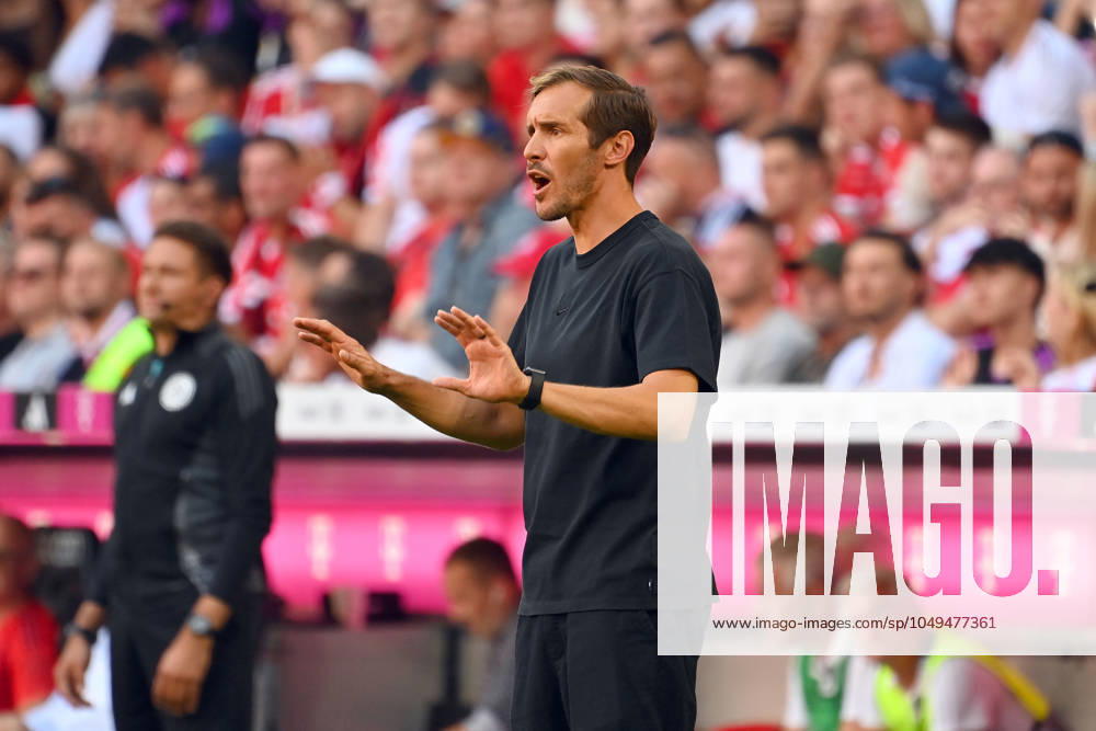 Trainer Julian SCHUSTER (SC Freiburg), Gestik,gibt Anweisungen, Einzelbild,angeschnittenes Einzelmotiv,Halbfigur,halbe Figur. Fussball 1. Bundesliga Saison 2024 2025, 2.Spieltag, Spieltag02 FC Bayern Muenchen - SC Freiburg 2-0 am 01.09.2024, A L L I A N Z A R E N A.