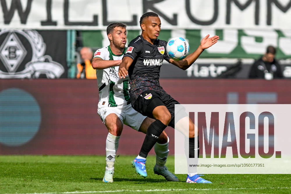 V. li. im Zweikampf Joe Scally (Moenchengladbach 29) 14.09.2024 Fussball Borussia Mönchengladbach vs VfB Stuttgart, Borussia-Park, Moenchengladbach, DFB DFL REGULATIONS PROHIBIT ANY USE OF PHOTOGRAPHS AS IMAGE SEQUENCES AND OR QUASI-VIDEO NRW Germany
