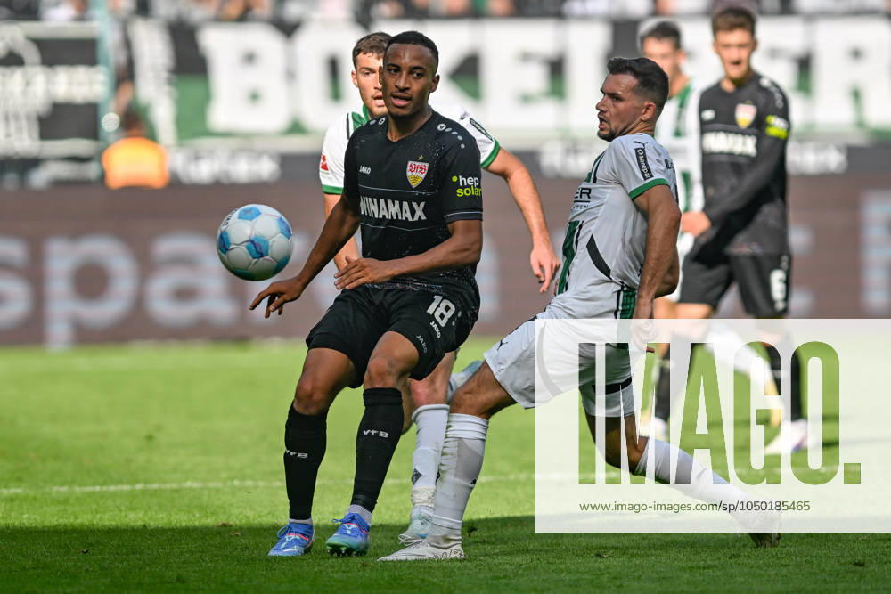 V. li. im Zweikampf Joe Scally (Moenchengladbach 29) Jamie Leweling (Stuttgart 18) Kevin Stöger Stoeger (Moenchengladbach 7) 14.09.2024 Fussball Borussia Mönchengladbach vs VfB Stuttgart, Borussia-Park, Moenchengladbach, DFB DFL REGULATIONS PROHIBIT ANY USE OF PHOTOGRAPHS AS IMAGE SEQUENCES AND OR QUASI-VIDEO NRW Germany