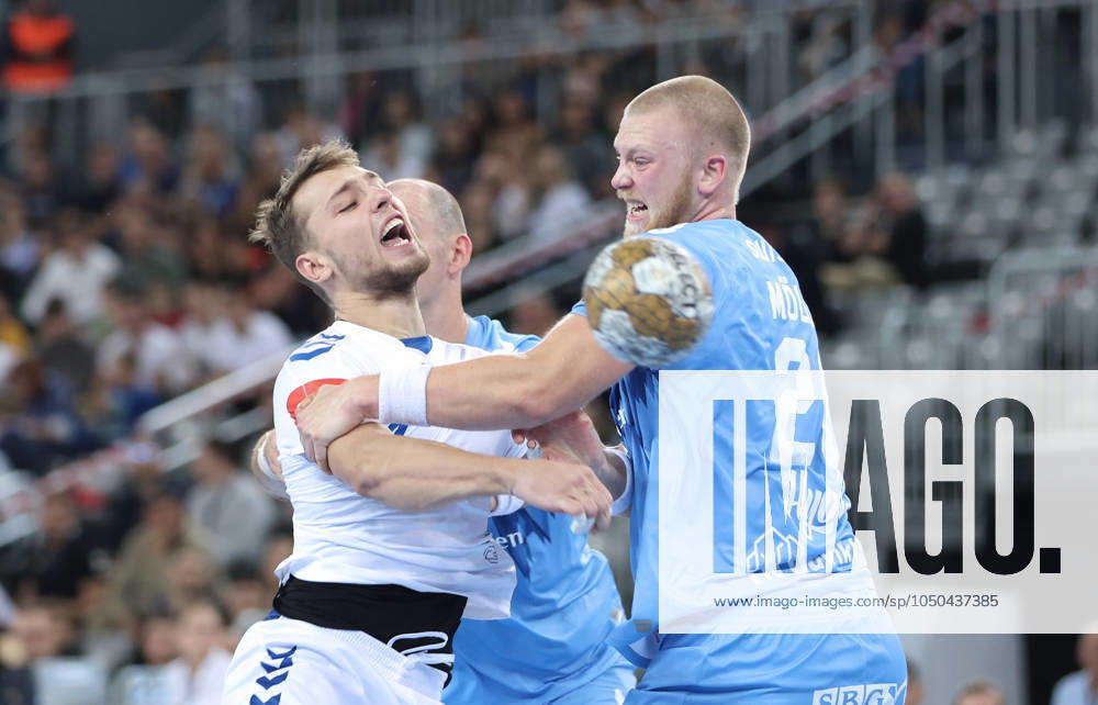 HC Zagreb v Aalborg Handbold - EHF Champions League ZAGREB, CROATIA - SEPTEMBER 18: Ihar Bialiauski of HC Zagreb in action against Felix Moller of Aalborg Handbold during EHF Champions League Group Phase match between HC Zagreb and Aalborg Handbold at Arena Zagreb on September 18, 2024 in Zagreb, Croatia. SanjinxStrukic PIXSELL