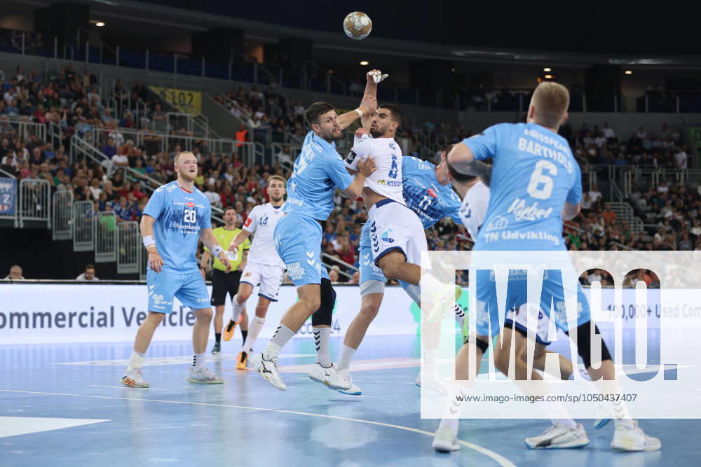 HC Zagreb v Aalborg Handbold - EHF Champions League ZAGREB, CROATIA - SEPTEMBER 18: Milos Kos of HC Zagreb in action against Martin Larsen of Aalborg Handbold during EHF Champions League Group Phase match between HC Zagreb and Aalborg Handbold at Arena Zagreb on September 18, 2024 in Zagreb, Croatia. SanjinxStrukic PIXSELL