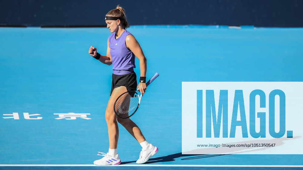 (241002) -- BEIJING, Oct. 2, 2024 -- Karolina Muchova of the Czech Republic celebrates scoring during the women s singles round of 16 match against Cristina Bucsa of Spain at 2024 China Open tennis tournament in Beijing, capital of China, Oct. 2, 2024. (Photo by Xinhua) (SP)CHINA-BEIJING-TENNIS-CHINA OPEN-WOMEN S SINGLES (CN) ChangxNengjia