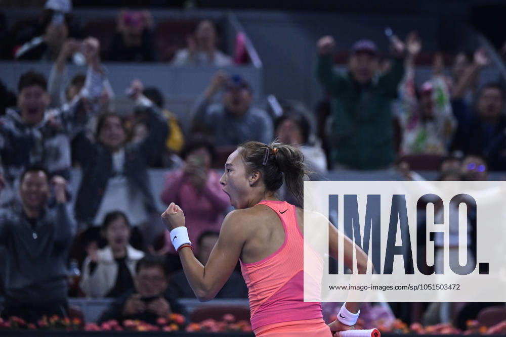 (241004) -- BEIJING, Oct. 4, 2024 -- Zheng Qinwen celebrates victory after the women s singles quarterfinal match between Zheng Qinwen of China and Mirra Andreeva of Russia at the 2024 China Open tennis tournament in Beijing, China, Oct. 4, 2024. ) (SP)CHINA-BEIJING-TENNIS-CHINA OPEN-WOMEN S SINGLES(CN) ZhangxLong