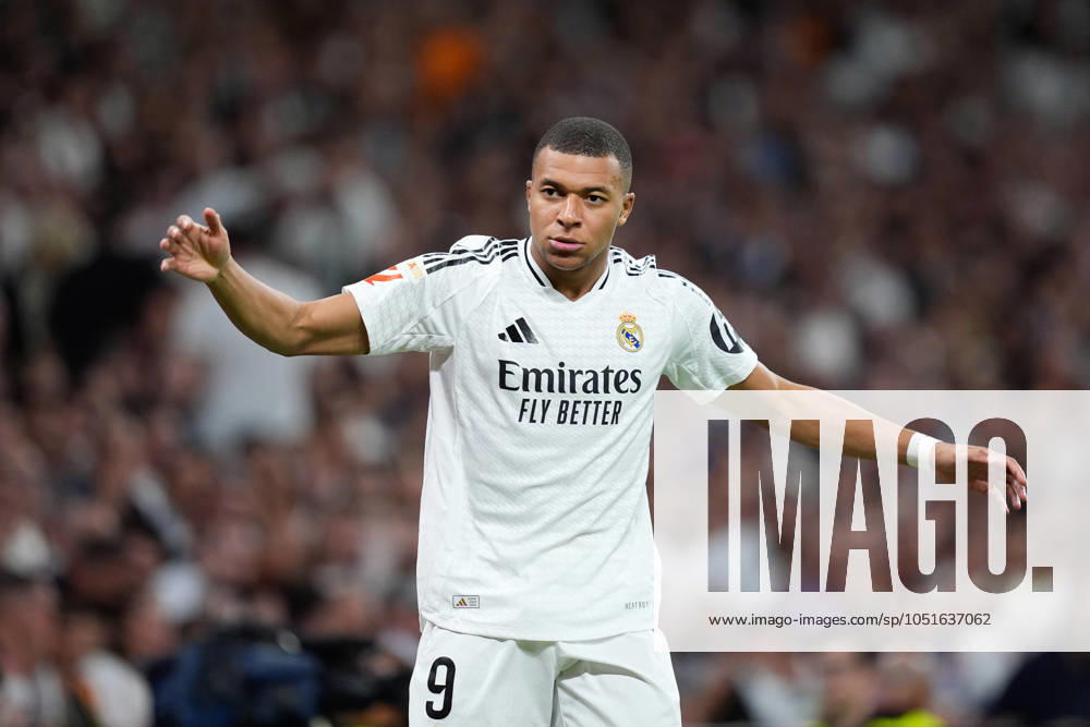 Kylian Mbappe of Real Madrid gestures during the Spanish League, LaLiga EA Sports, football match played between Real Madrid and Villarreal CF at Santiago Bernabeu stadium on October 5, 2024, in Madrid, Spain. Madrid SPAIN - ZUMAa181 20241005_zaa_a181_158