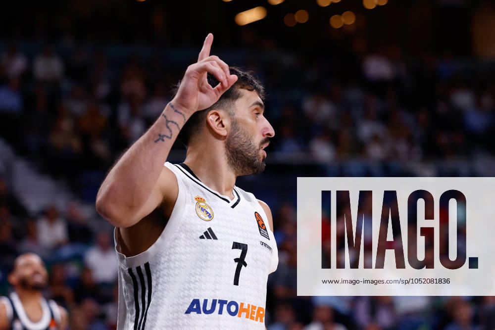 Facundo Campazzo of Real Madrid gestures during the Turkish Airlines EuroLeague, basketball match played between Real Madrid and Partizan Mozzart Bet Belgrade at WiZink Center on October 10, 2024 in Madrid, Spain. Madrid SPAIN - ZUMAa181 20241010_zaa_a181_111