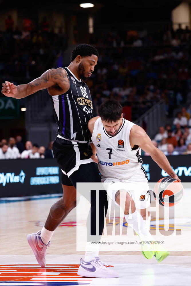 Facundo Campazzo of Real Madrid and Tyrique Jones of Partizan Mozzart Bet Belgrade in action during the Turkish Airlines EuroLeague, basketball match played between Real Madrid and Partizan Mozzart Bet Belgrade at WiZink Center on October 10, 2024 in Madrid, Spain. Madrid SPAIN - ZUMAa181 20241010_zaa_a181_159