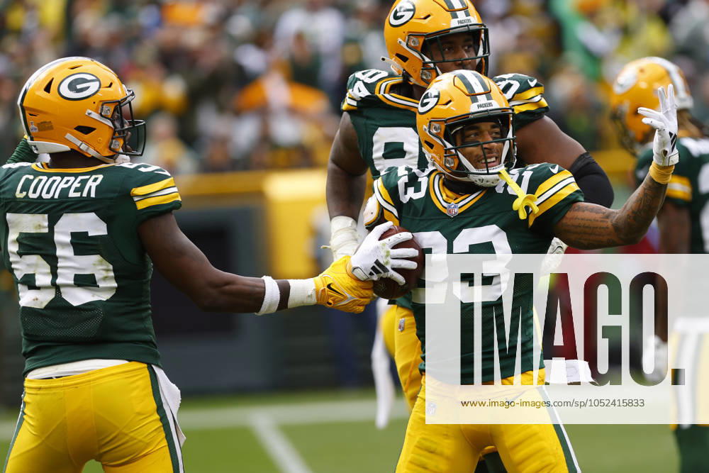GREEN BAY, WI - OCTOBER 13: Green Bay Packers cornerback Jaire Alexander (23) celebrates his fumble recovery during a game between the Green Bay Packers and the Arizona Cardinals at Lambeau Field on October 13, 2024 in Green Bay, WI. (Photo by Larry Radloff Icon Sportswire) NFL, American Football Herren, USA OCT 13 Cardinals at Packers Icon02410135244