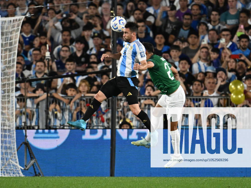 Nicolas Tagliafico of Argentina heads the ball during a match between Argentina Vs Bolivia as part of World Cup 2026 Qualifiers at Estadio Mas Monumental on October 15, 2024 in BuenosAires, Argentina. Buenos Aires Buenos Aires Argentina