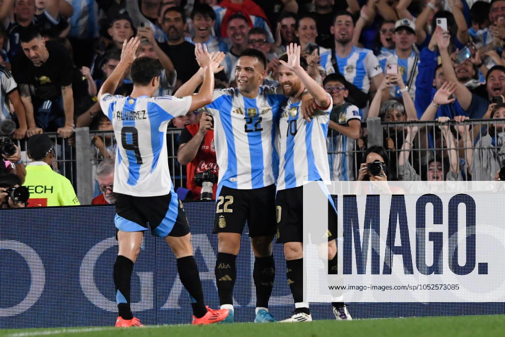 Lautaro Martinez of Argentina celebrates with Lionel Messi, Julian Alvarez after scoring goal during the FIFA World Cup, WM, Weltmeisterschaft, Fussball 2026 South American Qualifier match between Argentina and Bolivia at Estadio Mas Monumental Antonio Vespucio Liberti on October 15, 2024 in Buenos Aires, Argentina. Photo by D.Halisz SFSI Argentina v Bolivia - FIFA World Cup 2026 Qualifier
