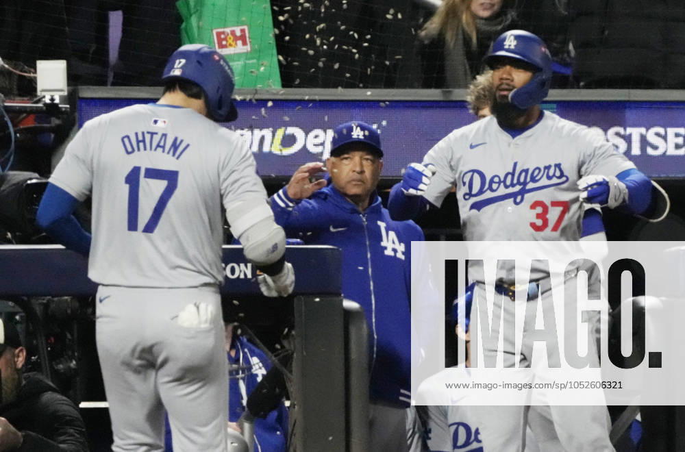 Los Angeles Dodgers designated hitter Shohei Ohtani celebrates with Teoscar Hernandez after hitting a solo home run in the first inning against the New York Mets in the first inning in game four of the MLB, Baseball Herren, USA NLCS at Citi Field in New York City on Thursday, October 17, 2024. NYP20241017202 RAYxSTUBBLEBINE