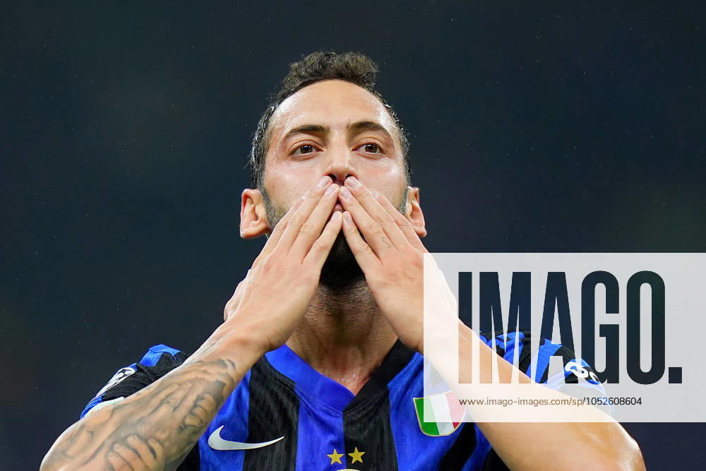 Inter Milan s Hakan Calhanoglu celebrates after scoring 1-0 during the Uefa Champions League soccer match between Inter and Fc Crvena at the San Siro Stadium in Milan, north Italy -Tuesday , October 1th , 2024. - Soccer .