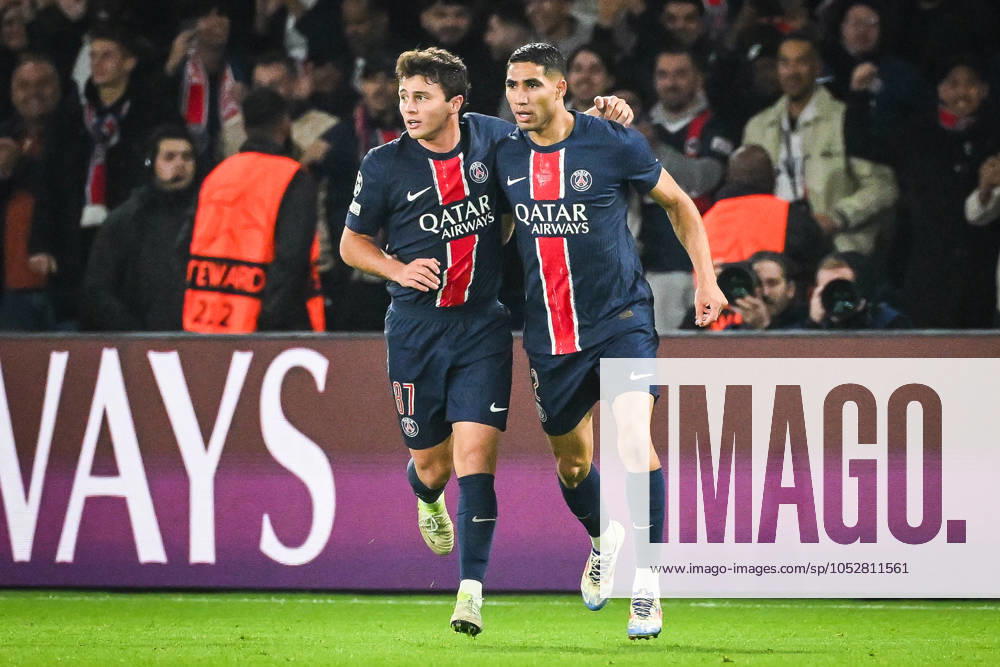 Achraf HAKIMI of PSG celebrate his goal with Joao NEVES of PSG during the UEFA Champions League, League Phase MD3 match between Paris Saint-Germain and PSV Eindhoven at Parc des Princes Stadium on October 22, 2024 in Paris, France. Paris France - ZUMAm308 20241022_zsp_m308_012