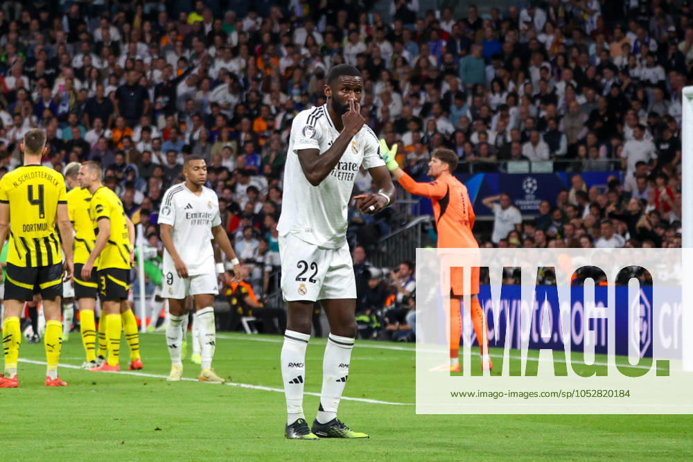 Antonio Rüdiger, Real Madrid footballer gestures during a Champions League match. Real Madrid defeated Borussia Dortmund 5-2 tonight at the Santiago Bernabeu Stadium in the UEFA Champions League. Madrid Spain - ZUMAs197 20241022_aaa_s197_644