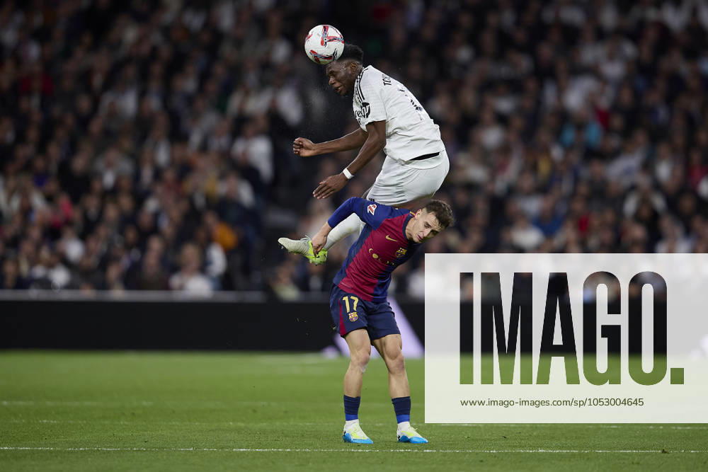 Aurelien Tchouameni of Real Madrid CF and Marc Casado of FC Barcelona, Barca during La Liga football match between Real Madrid CF v FC Barcelona at Santiago Bernabeu Stadium in Madrid, Spain, October 26, 2024 Madrid Spain - ZUMAa206 20241026_zsp_a206_085