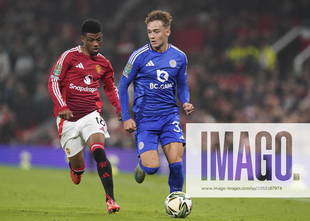 Manchester, England, 30th October 2024. Amad Diallo of Manchester United, ManU runs down Will Alves of Leicester City during the Carabao Cup match at Old Trafford, Manchester. Picture credit should read: Andrew Yates Sportimage . SPI-3418-0055