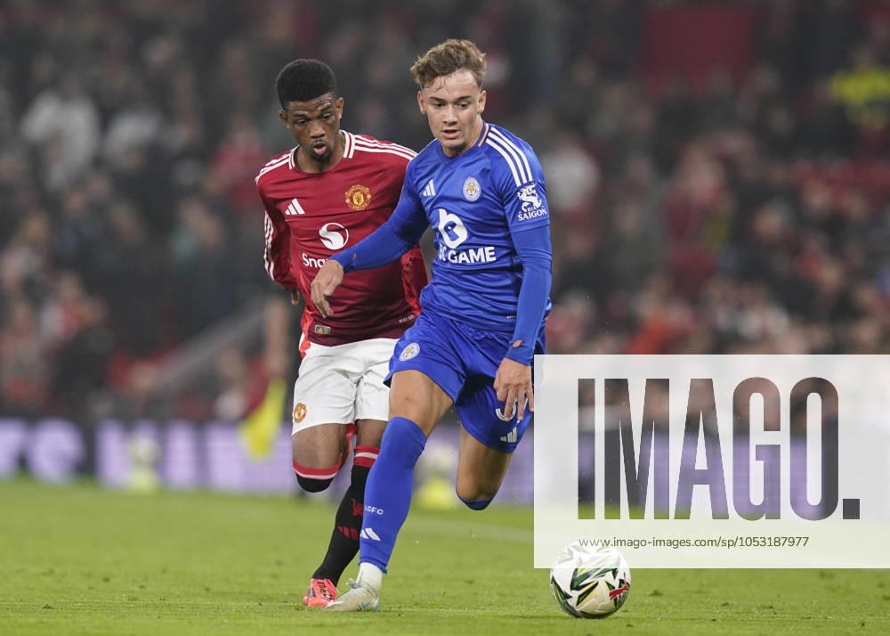 Manchester, England, 30th October 2024. Amad Diallo of Manchester United, ManU runs down Will Alves of Leicester City during the Carabao Cup match at Old Trafford, Manchester. Picture credit should read: Andrew Yates Sportimage . SPI-3418-0056