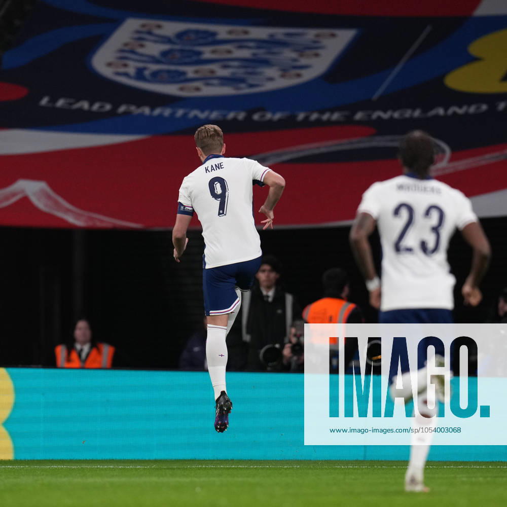 Harry Kane (9) of England celebrates after he scores his teams first goal during the Group F UEFA Nations League match between England and Republic of Ireland at Wembley Stadium, London, England on 17 November 2024.