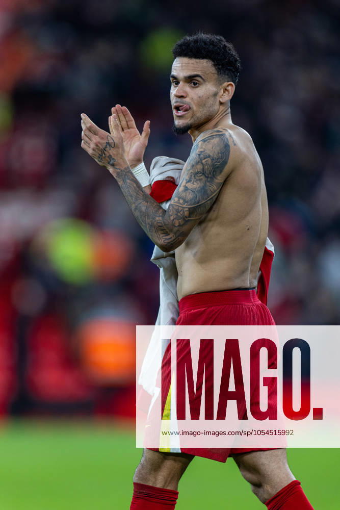 Football - FA Premier League - Liverpool FC v Manchester City FC LIVERPOOL, ENGLAND - Sunday, December 1, 2024: Liverpool s Luis Diaz celebrates after the FA Premier League match between Liverpool FC and Manchester City FC at Anfield. Liverpool won 2-0. (Photo by David Rawcliffe Propaganda) LIVERPOOL Anfield MERSEYSIDE ENGLAND