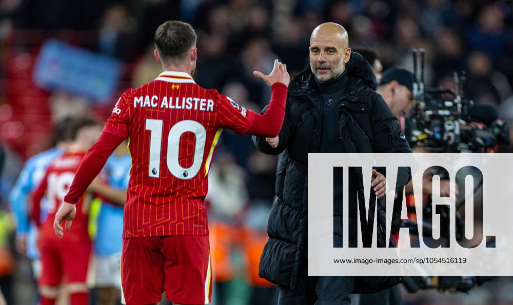 Football - FA Premier League - Liverpool FC v Manchester City FC LIVERPOOL, ENGLAND - Sunday, December 1, 2024: Manchester City s manager Josep Pep Guardiola (R) shakes hands with Liverpool s Alexis Mac Allister after the FA Premier League match between Liverpool FC and Manchester City FC at Anfield. Liverpool won 2-0. (Photo by David Rawcliffe Propaganda) LIVERPOOL Anfield MERSEYSIDE ENGLAND