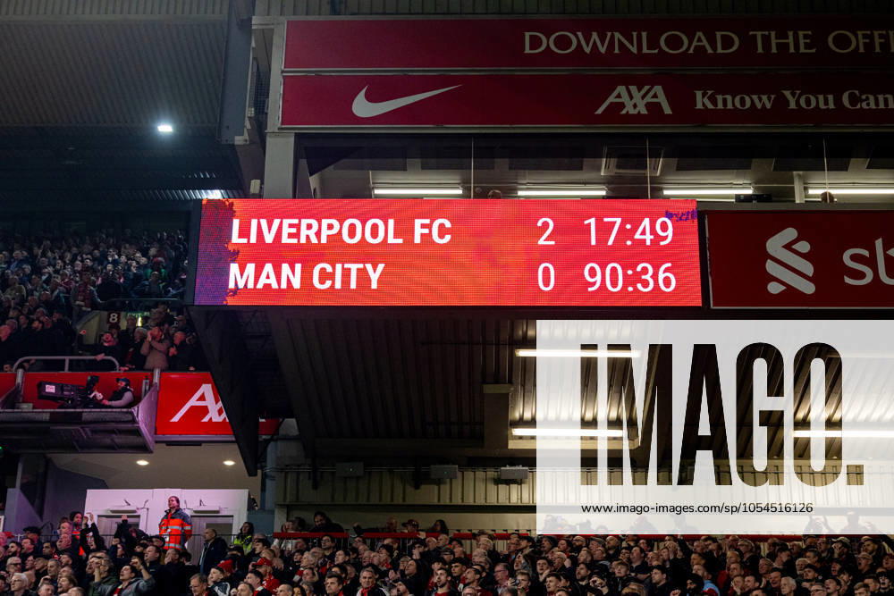 Football - FA Premier League - Liverpool FC v Manchester City FC LIVERPOOL, ENGLAND - Sunday, December 1, 2024: The scoreboard during the FA Premier League match between Liverpool FC and Manchester City FC at Anfield. (Photo by David Rawcliffe Propaganda) LIVERPOOL Anfield MERSEYSIDE ENGLAND