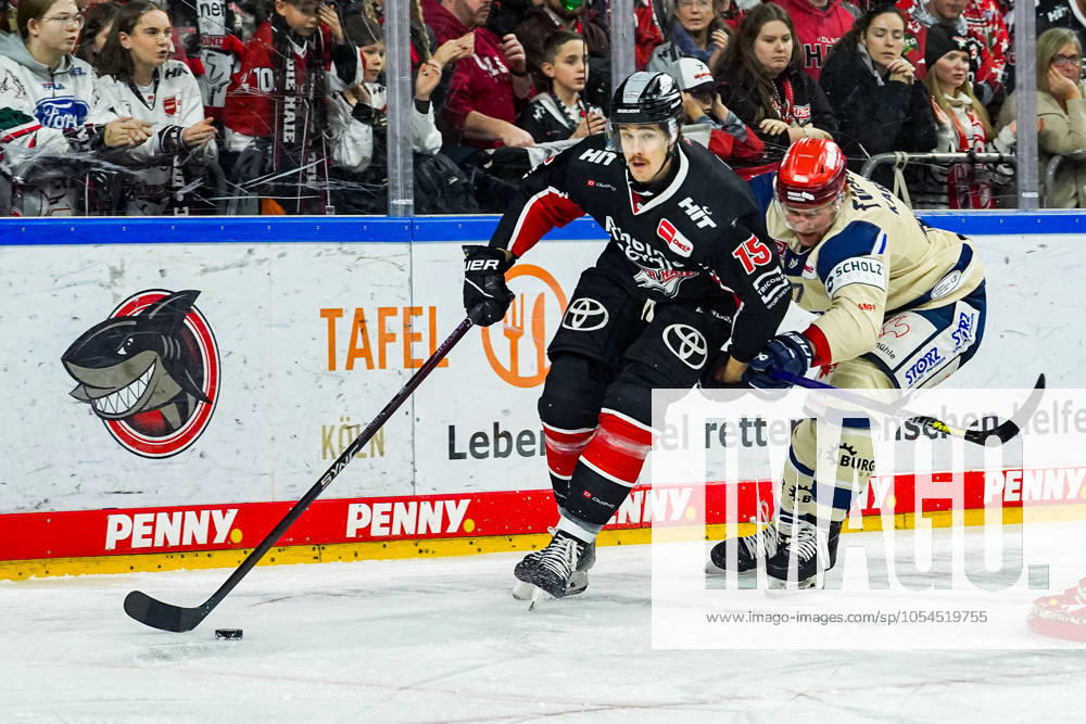 Eishockey Penny-DEL 22.Spieltag Kölner Haie - Schwenninger Wild Wings am 01.12.2024 in der Lanxess Arena in Köln Louis-Marc Aubry ( Köln ), links - Alexander Karachun ( Schwenningen ), rechts Gemäß den Vorgaben der DEL Deutsche Eishockey Liga ist die Publikation und Weiterverwertung der Aufnahmen in elektronischen Medien und Endgeräten aller Art während des laufenden Spiels nicht zulässig.