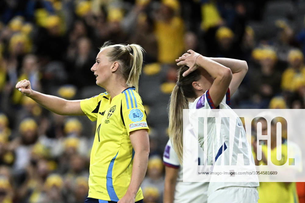 STOCKHOLM, SWEDEN 20241203 Sweden s Stina Blackstenius (left) celebrates scoring as a Serbian player reacts during the UEFA Women s Euro 2025 second leg qualifying playoff match between Sweden and Serbia at Tele2 Arena in Stockholm, Sweden, on Dec. 3, 2024. STOCKHOLM SWEDEN