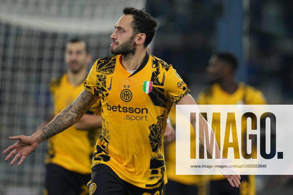 Inter Milan s Hakan Calhanoglu celebrates after scoring 0-1 during the Serie A EniLive soccer match between Lazio and Inter at the Rome s Olympic stadium, Italy - Monday December 16, 2024 - Soccer ( Photo by Alfredo Falcone LaPresse )