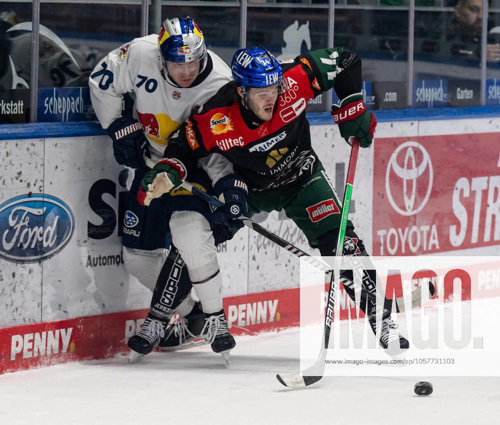 Kampf um den Puck Zweikampf zwischen Maximilian Daubner (EHC Red Bull Muenchen, 70) und D.J. Busdeker (Augsburger Panther, 14). GER, Augsburger Panther vs. EHC Red Bull Muenchen, Eishockey, DEL, 37. Spieltag, Saison 2024 2025, 16.01.2025. GER, Augsburger Panther vs. EHC Red Bull Muenchen, Eishockey, DEL, 37. Spieltag, Saison 2024 2025, 16.01.2025. Augsburg