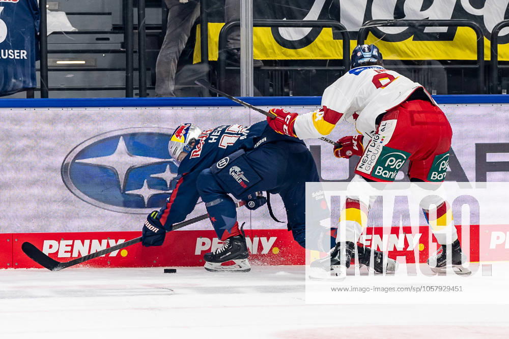 Kampf um den Puck Zweikampf zwischen Nikolaus Heigl (EHC Red Bull Muenchen, 15) und Tyler Angle (Duesseldorfer EG, 94). GER, EHC Red Bull Muenchen vs. Duesseldorfer EG, Eishockey, DEL, 38. Spieltag, Saison 2024 2025, 19.01.2025. GER, EHC Red Bull Muenchen vs. Duesseldorfer EG, Eishockey, DEL, 38. Spieltag, Saison 2024 2025, 19.01.2025. Muenchen