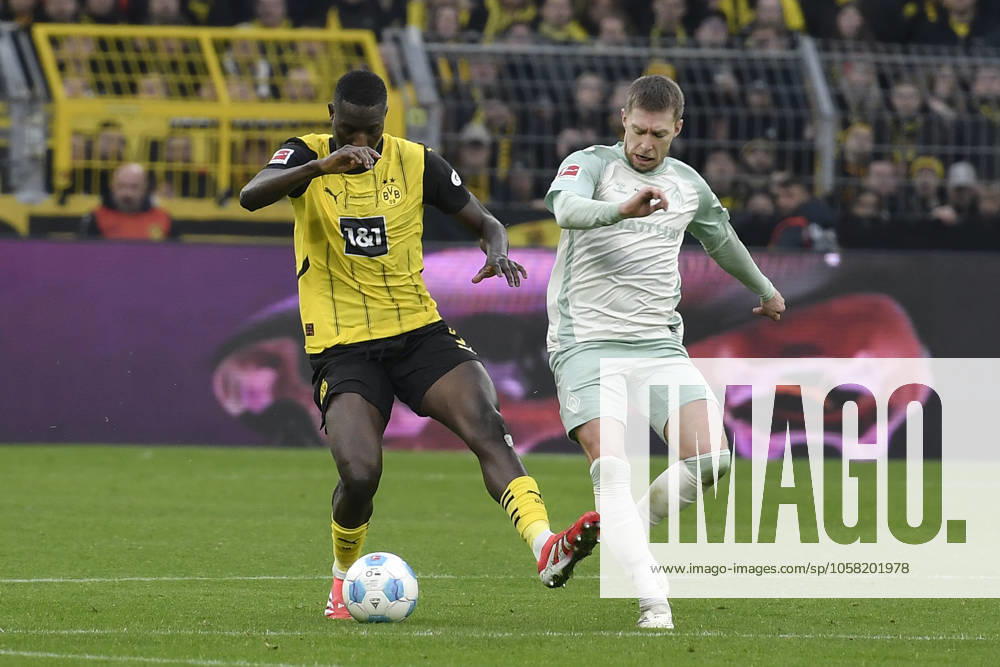 V. li. im Zweikampf Serhou Guirassy (Dortmund 9) Mitchell Weiser (Werder Bremen 8) 25.01.2025 Fussball Borussia Dortmund vs SV Werder Bremen , Signal Iduna Park, Dortmund, DFB DFL REGULATIONS PROHIBIT ANY USE OF PHOTOGRAPHS AS IMAGE SEQUENCES AND OR QUASI-VIDEO